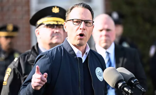 Pennsylvania Gov. Josh Shapiro speaks during a news conference at the governor's official residence about a suspected arson fire that forced him, his family and guests to flee in the middle of the night on the Jewish holiday of Passover, Sunday, April 13, 2025, in Harrisburg, Pa. (AP Photo/Marc Levy)