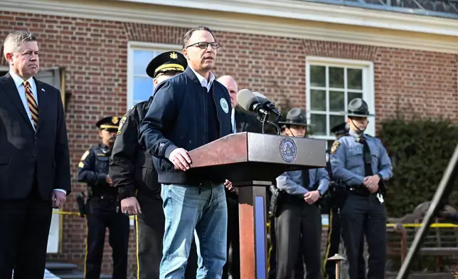 Pennsylvania Gov. Josh Shapiro speaks during a news conference at the governor's official residence about a suspected arson fire that forced him, his family and guests to flee in the middle of the night on the Jewish holiday of Passover, Sunday, April 13, 2025, in Harrisburg, Pa. (AP Photo/Marc Levy)