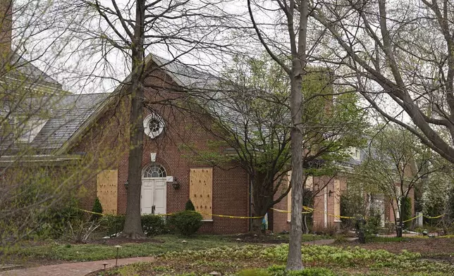The aftermath of a fire can be seen at Pennsylvania governor's official residence in Harrisburg, Pa., Monday, April 14, 2025. (AP Photo/Matt Rourke)