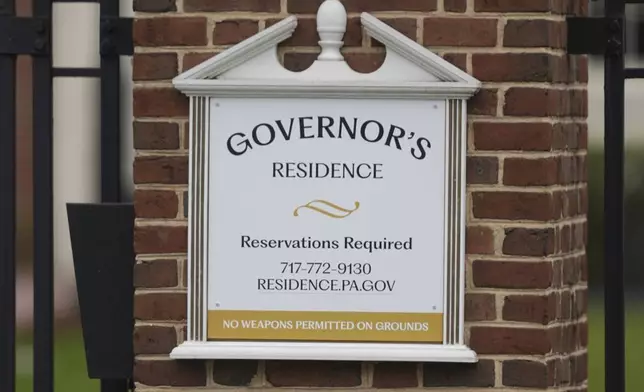 Shown is Pennsylvania governor's official residence in Harrisburg, Pa., Monday, April 14, 2025. (AP Photo/Matt Rourke)