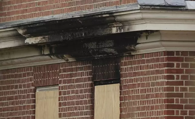 The aftermath of a fire can be seen at Pennsylvania governor's official residence in Harrisburg, Pa., Monday, April 14, 2025. (AP Photo/Matt Rourke)