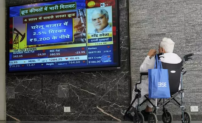 A man watches a live screen outside Bombay Stock Exchange (BSE) building in Mumbai, India, Monday, April 7, 2025. (AP Photo/Rajanish Kakade)
