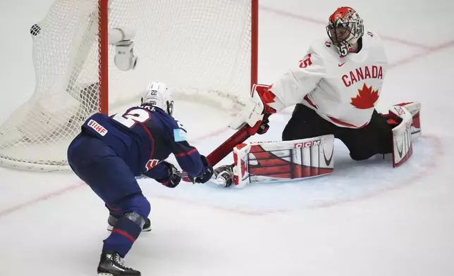 United States' Tessa Janecke scores a sucden death goal in overtime during the gold medal match between Canada and United States at the Women's Ice Hockey Championships in Ceske Budejovice, Czech Republic, Sunday, April 20, 2025. (AP Photo/Petr David Josek)