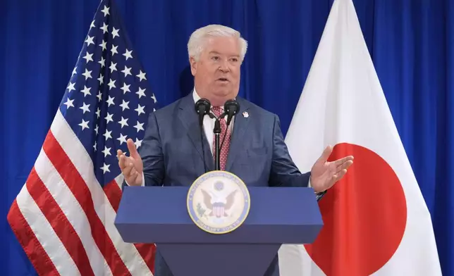 New U.S. Ambassador to Japan George Glass answers questions from journalists at a press conference after his arrival in Tokyo Friday, April 18, 2025. (Kazuhiro Nogi/Pool Photo via AP)
