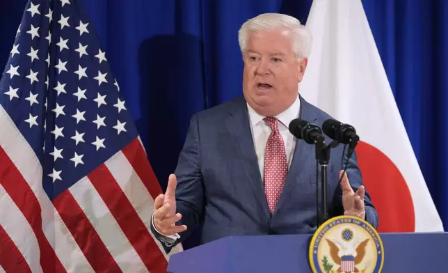 New U.S. Ambassador to Japan George Glass answers questions from journalists at a press conference after his arrival in Tokyo Friday, April 18, 2025. (Kazuhiro Nogi/Pool Photo via AP)