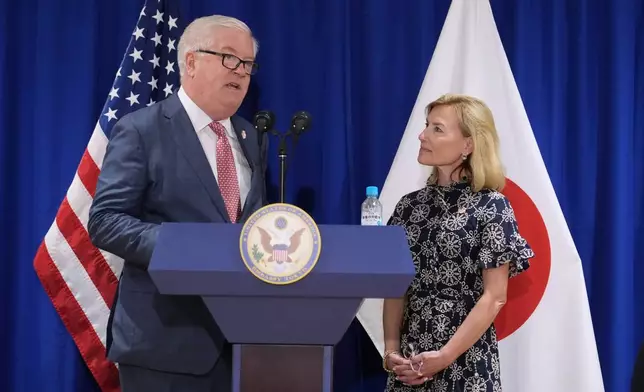 New U.S. Ambassador to Japan George Glass and his wife Mary attend a press conference after their arrival in Tokyo Friday, April 18, 2025. (Kazuhiro Nogi/Pool Photo via AP)