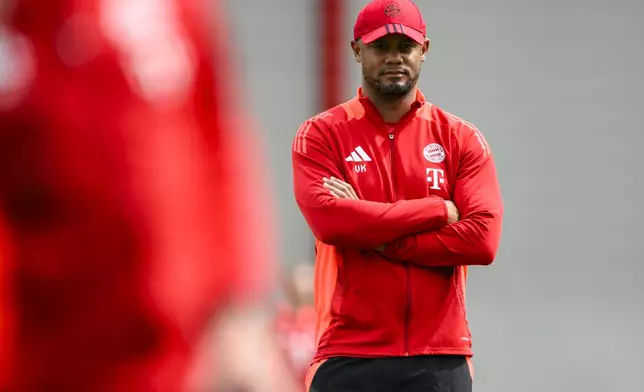 Munich's head coach Vincent Kompany attends a training session in Munich, Germany, Tuesday, April 15, 2025, ahead of the Champions League soccer match between Inter Milan and FC Bayern Munich. (Tom Weller/dpa via AP)