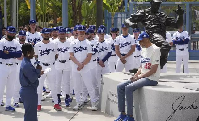 Former NBA basketball player Kareem Abdul-Jabbar prepares to speak to members of the Los Angeles Dodgers to commemorate Jackie Robinson Day before a baseball game against the Colorado Rockies at Dodger Stadium Tuesday, April 15, 2025, in Los Angeles. (AP Photo/Damian Dovarganes)