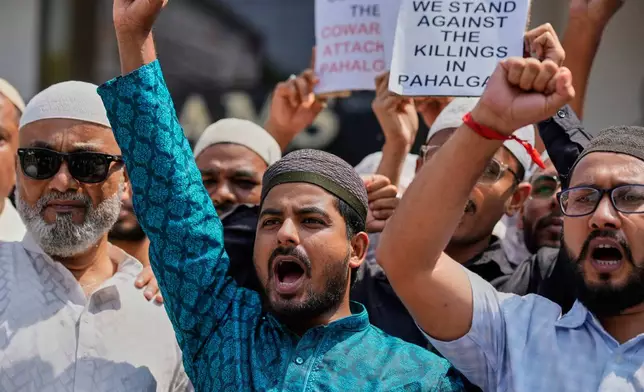 Muslims shout slogans after Friday prayers during a protest against the killing of tourists by militants near Pahalgam in Indian controlled Kashmir, in Guwahati, India, Friday, April 25, 2025. (AP Photo/Anupam Nath)