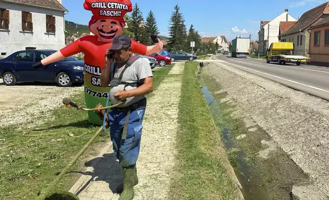 A man cuts grass in the village of Saschiz, in Romania's central Transylvania region, Friday, April 25, 2025. (AP Photo/Stephen McGrath)
