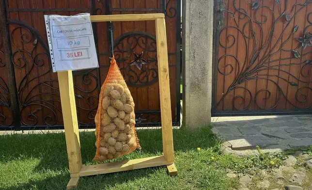 Potatoes on sale hang in a bag outside a house in the village of Saschiz, in Romania's central Transylvania region, Friday, April 25, 2025. (AP Photo/Stephen McGrath)