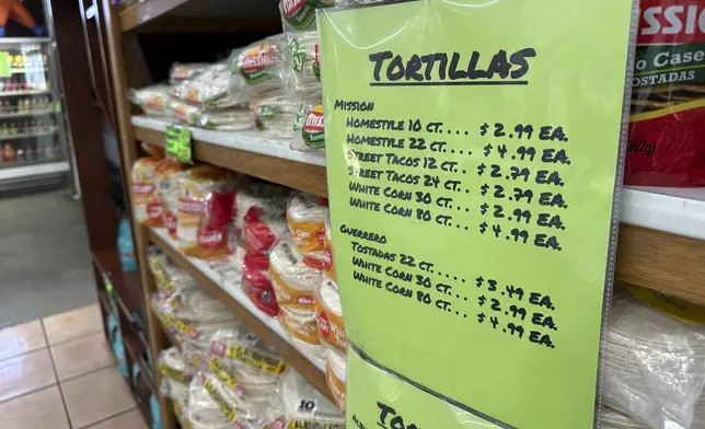 Stacks of corn and wheat flour tortillas fill grocery store shelves in Albuquerque, New Mexico, on Thursday, April 10, 2025. (AP Photo/Susan Montoya Bryan)
