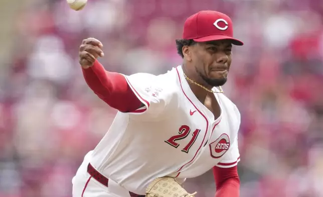 Cincinnati Reds pitcher Hunter Greene throws during the second inning of a baseball game against the Pittsburgh Pirates, Sunday, April 13, 2025, in Cincinnati. (AP Photo/Jeff Dean)