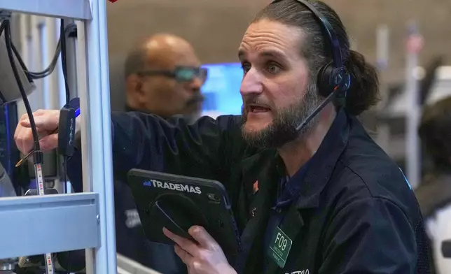 Options trader Chris Dattolo works on the floor of the New York Stock Exchange, Wednesday, April 23, 2025. (AP Photo/Richard Drew)