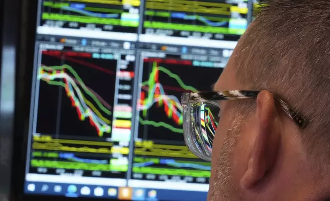Charts on the screen of Specialist Anthony Matesic are seen through his glasses as he works on the floor of the New York Stock Exchange, Monday, April 21, 2025. (AP Photo/Richard Drew)