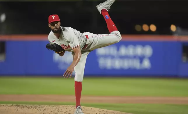 Philadelphia Phillies' Cristopher Sánchez pitches during the second inning of a baseball game against the New York Mets Tuesday, April 22, 2025, in New York. (AP Photo/Frank Franklin II)