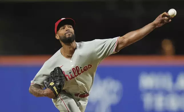 Philadelphia Phillies' Cristopher Sánchez pitches during the second inning of a baseball game against the New York Mets Tuesday, April 22, 2025, in New York. (AP Photo/Frank Franklin II)