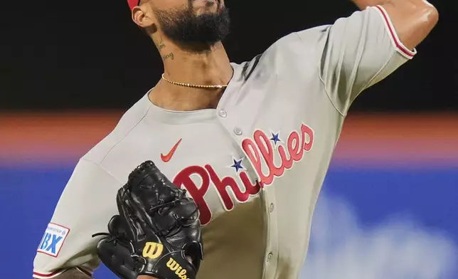 Philadelphia Phillies' Cristopher Sánchez pitches during the second inning of a baseball game against the New York Mets Tuesday, April 22, 2025, in New York. (AP Photo/Frank Franklin II)