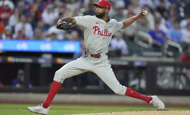 Philadelphia Phillies' Cristopher Sánchez pitches during the first inning of a baseball game against the New York Mets Tuesday, April 22, 2025, in New York. (AP Photo/Frank Franklin II)