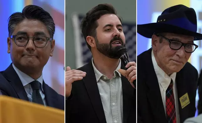 This combo of images shows incumbent Cincinnati Mayor Aftab Pureval, from left, Tuesday, April 15, 2025, River Church Cincinnati pastor Cory Bowman who is Vice President JD Vance's half brother and Cincinnati mayoral candidate, Sunday, April 20, 2025, and Cincinnati mayoral candidate Brian Frank, Tuesday, April 15, 2025, in Cincinnati. (AP Photo/Carolyn Kaster)