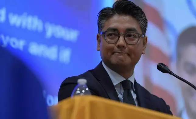 Incumbent Cincinnati Mayor Aftab Pureval participates in a candidate forum with Brian Frank hosted by the Cincinnati NAACP, Tuesday, April 15, 2025, in Cincinnati. (AP Photo/Carolyn Kaster)