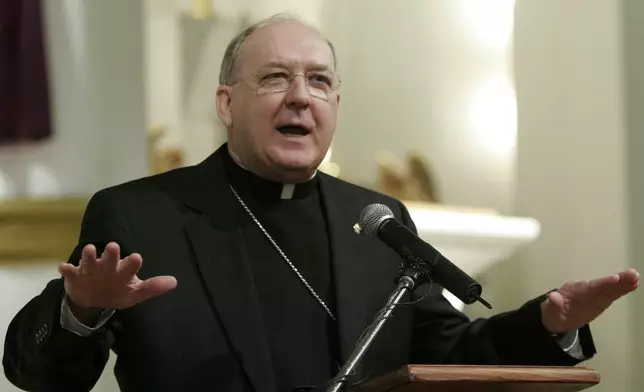 FILE - Bishop Kevin Farrell speaks at a news conference in Dallas, March 6, 2007, after being named by Pope Benedict XVI as the new head of the Roman Catholic Diocese of Dallas. (AP Photo/Ron Heflin, File)