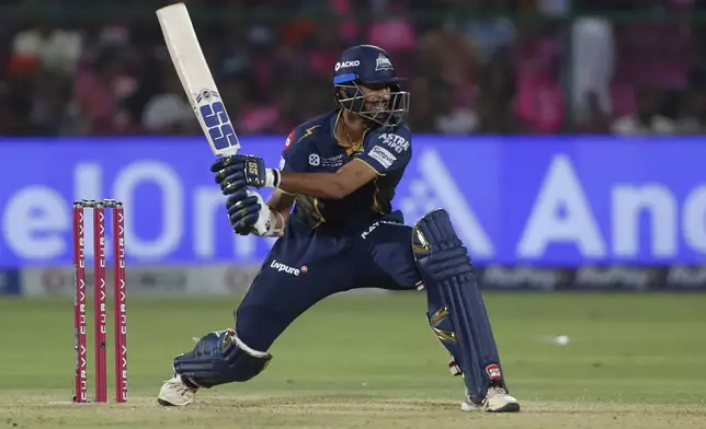 Gujarat Titans' Washington Sundar bats during the Indian Premier League cricket match between Rajasthan Royals and Gujarat Titans at Sawai Mansingh Stadium in Jaipur, India, Monday, April 28, 2025. (AP Photo/Surjeet Yadav)