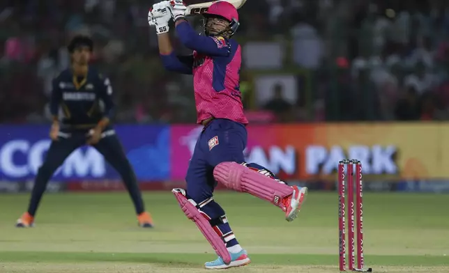 Rajasthan Royals' Vaibhav Suryavanshi bats during the Indian Premier League cricket match between Rajasthan Royals and Gujarat Titans at Sawai Mansingh Stadium in Jaipur, India, Monday, April 28, 2025. (AP Photo/Surjeet Yadav)