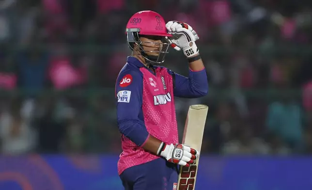 Rajasthan Royals' Vaibhav Suryavanshi celebrates after scoring fifty runs during the Indian Premier League cricket match between Rajasthan Royals and Gujarat Titans at Sawai Mansingh Stadium in Jaipur, India, Monday, April 28, 2025. (AP Photo/Surjeet Yadav)