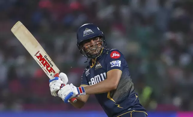 Gujarat Titans' captain Shubman Gill bats during the Indian Premier League cricket match between Rajasthan Royals and Gujarat Titans at Sawai Mansingh Stadium in Jaipur, India, Monday, April 28, 2025. (AP Photo/Surjeet Yadav)