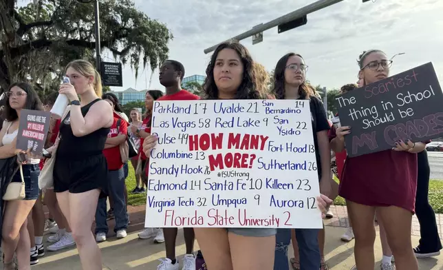 Students and activists rally for gun control policies outside of Florida's historic old capitol on Wednesday, April 23, 2025 in Tallahassee, Fla., less than a week after a deadly shooting at Florida State University. (AP Photo/Kate Payne)