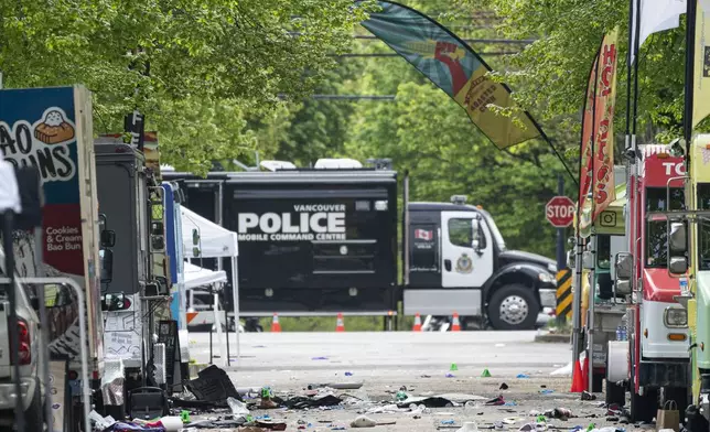 Debris lay on 43rd Avenue in Vancouver, where a vehicle drove into crowd at a street festival the night before, on Sunday April 27, 2025. (Rich Lam/The Canadian Press via AP)