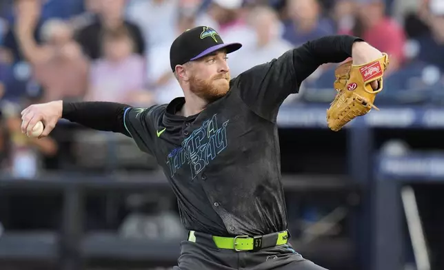 Tampa Bay Rays pitcher Drew Rasmussen delivers to the New York Yankees during the first inning of a baseball game Friday, April 18, 2025, in Tampa, Fla. (AP Photo/Chris O'Meara)