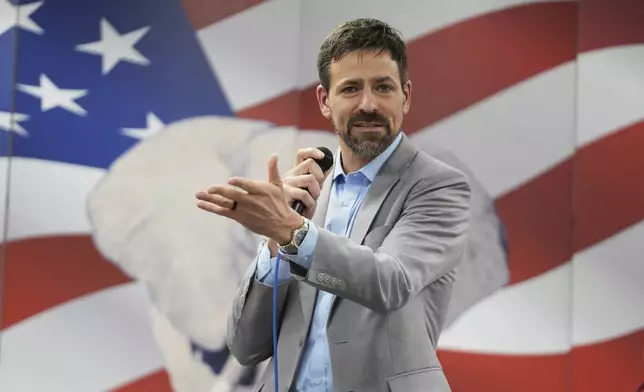 Ryan Kelley speaks at the Jackson County Republican headquarters Thursday, April 10, 2025, in Jackson, Mich. (AP Photo/Paul Sancya)