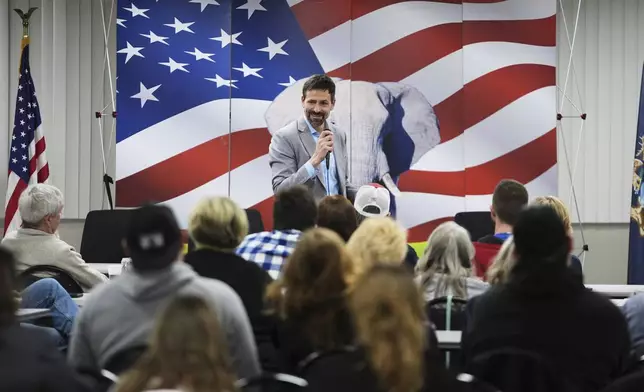 Ryan Kelley speaks at the Jackson County Republican headquarters, Thursday, April 10, 2025, in Jackson, Mich. (AP Photo/Paul Sancya)