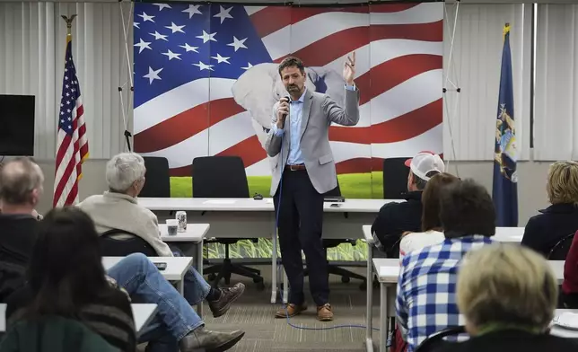 Ryan Kelley speaks at the Jackson County Republican headquarters, Thursday, April 10, 2025, in Jackson, Mich. (AP Photo/Paul Sancya)