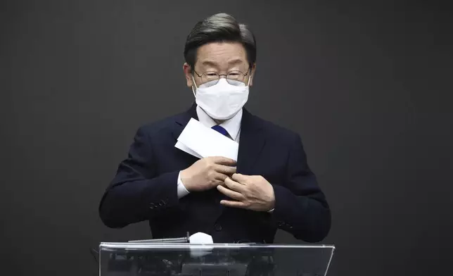 FILE - South Korean presidential candidate Lee Jae-myung of the Democratic Party admits defeat in the election at the party's headquarters in Seoul, South Korea, on March, 10, 2022. (Chung Sung-Jun/Pool Photo via AP, File)