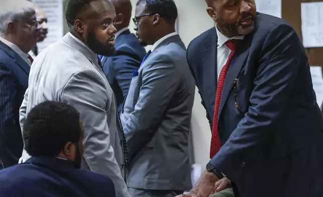 Former Memphis Police officer Tadarrius Bean, left, appears in a Shelby County courtroom on Monday, April 28, 2025, to stand trial for second-degree murder in the beating death of Tyre Nichols after a 2023 traffic stop in Memphis. (Mark Weber/Daily Memphian via AP, Pool)