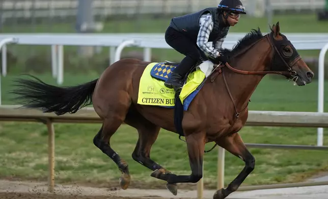 Kentucky Derby entrant Citizen Bull works out at Churchill Downs Monday, April 28, 2025, in Louisville, Ky. (AP Photo/Charlie Riedel)