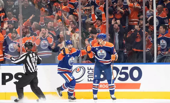 Edmonton Oilers' Jake Walman (96) and Evander Kane (91) celebrate a goal against the Los Angeles Kings during the third period of an NHL hockey playoff game in Edmonton, Alberta, Friday, April 25, 2025. (Jason Franson/The Canadian Press via AP)
