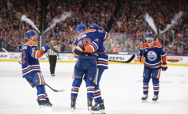 Edmonton Oilers' Evan Bouchard (2), Connor Brown (28), Evander Kane (91) and Jake Walman (96) celebrate a goal against the Los Angeles Kings during the second period of an NHL hockey playoff game in Edmonton, Alberta, Friday, April 25, 2025. (Jason Franson/The Canadian Press via AP)