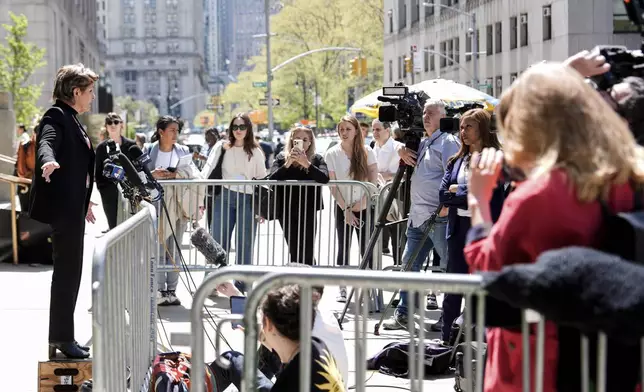 Attorney Gloria Allred speaks to reporters outside Manhattan criminal court during a break in Harvey Weinstein's retrial, Wednesday, April 23, 2025, in New York. (AP Photo/Julia Demaree Nikhinson)