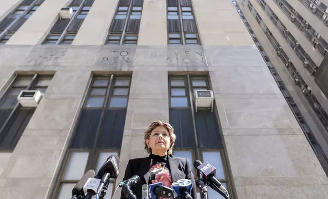 Attorney Gloria Allred speaks to reporters outside Manhattan criminal court during a break in Harvey Weinstein's retrial, Wednesday, April 23, 2025, in New York. (AP Photo/Julia Demaree Nikhinson)