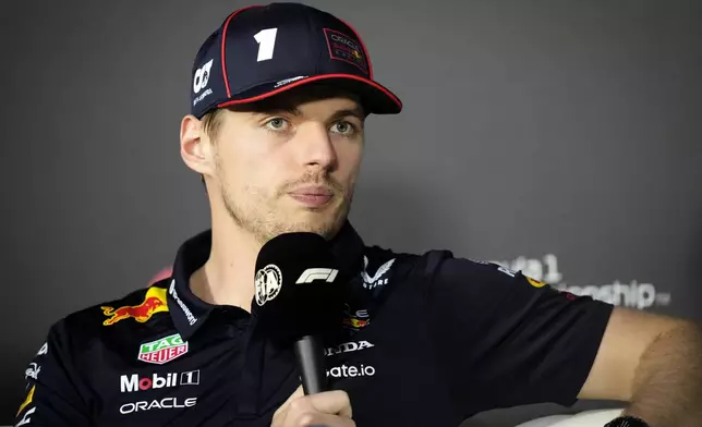 Red Bull driver Max Verstappen of the Netherlands speaks during a news conference ahead of the Formula One Saudi Arabian Grand Prix at the Jeddah Corniche Circuit in Jeddah, Saudi Arabia, Thursday, April 17, 2025. (AP Photo/Darko Bandic)