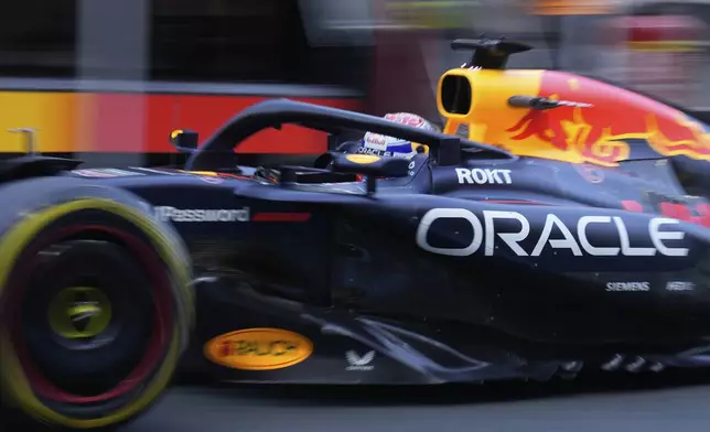Red Bull driver Max Verstappen of the Netherlands steers his car during the first free practice ahead of the Formula One Saudi Arabian Grand Prix at the Jeddah Corniche Circuit in Jeddah, Saudi Arabia, Friday, April 18, 2025. (AP Photo/Darko Bandic)