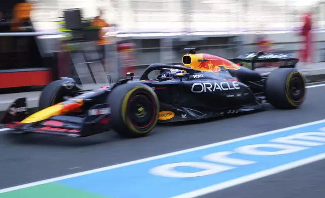 Red Bull driver Max Verstappen of the Netherlands steers his car during the first free practice ahead of the Formula One Saudi Arabian Grand Prix at the Jeddah Corniche Circuit in Jeddah, Saudi Arabia, Friday, April 18, 2025. (AP Photo/Darko Bandic)