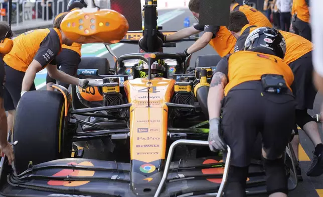McLaren driver Lando Norris of Britain gets a pit stop during the first free practice ahead of the Formula One Saudi Arabian Grand Prix at the Jeddah Corniche Circuit in Jeddah, Saudi Arabia, Friday, April 18, 2025. (AP Photo/Darko Bandic)