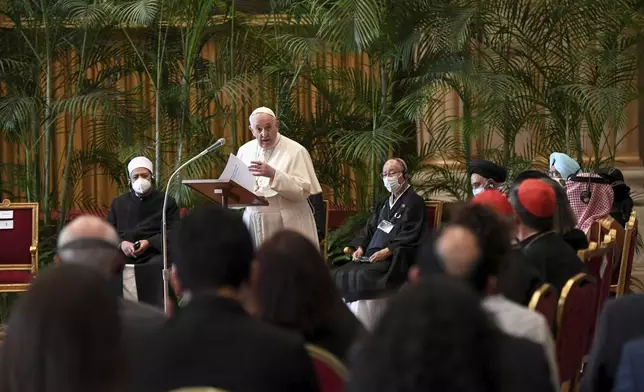 FILE - Pope Francis speaks at a conference with religious leaders in an appeal to governments to commit to ambitious climate targets, at the Vatican, Oct. 4, 2021. (Alessandro Di Meo, Pool via AP, File)