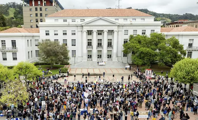 Demonstrations gather at the University of California, Berkeley to protest the Trump administration as part of a Day of Action for Higher Education on Thursday, April 17, 2025, in Berkeley, Calif. (AP Photo/Noah Berger)