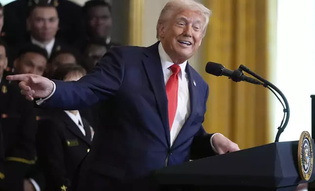 President Donald Trump speaks during the Commander-in-Chief trophy presentation to the Navy Midshipman football team in the East Room of the White House, Tuesday, April 15, 2025, in Washington. (AP Photo/Manuel Balce Ceneta)